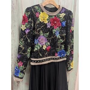 Vintage 1980s Designer Richilene Hand Beaded Sequin Black Long Sleeve Gown Sz 8